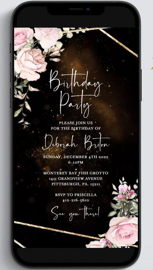 Digital birthday video invitation, Gold Editable Invite, Personalized animated invitations Any Age, Instant Download, Floral Ecard Template - SAVVY PAPER CO