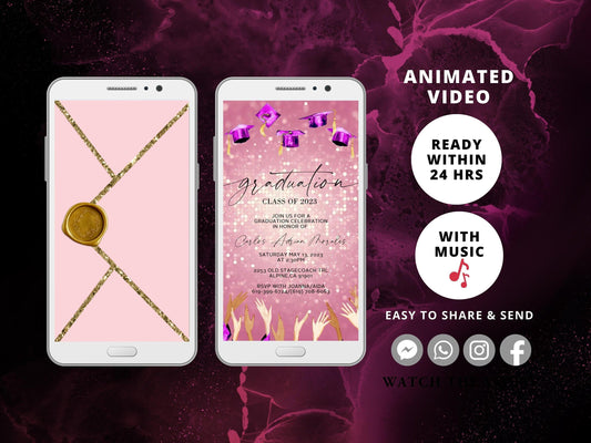 Graduation Party Video Evite, Electronic Graduation Invite, Animated College grad announcement Class of 2023, Pink Graduation - SAVVY PAPER CO
