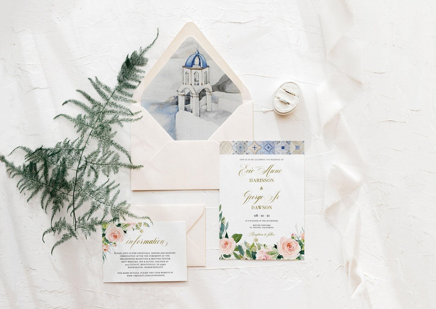 Mediterranean Wedding Invitation Set Template, Greek Accent Wedding Invite, Blue Tiles Wedding Invites, Gold Foil, Printable Wedding - JUDY - SAVVY PAPER CO