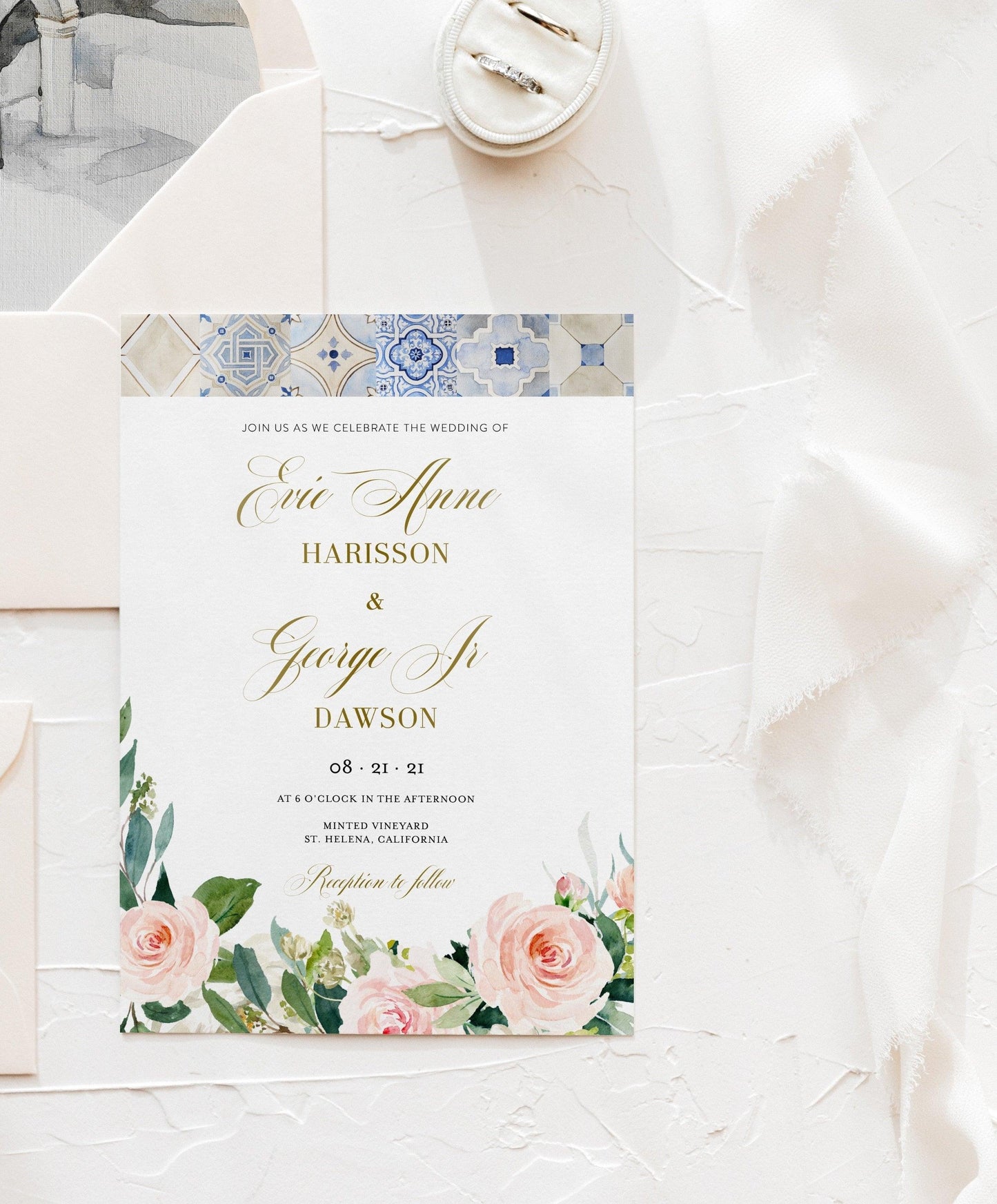 Mediterranean Wedding Invitation Template, Floral Wedding Invite, Blue Tiles Wedding Invites, Gold Foil Printable Wedding - JUDY - SAVVY PAPER CO