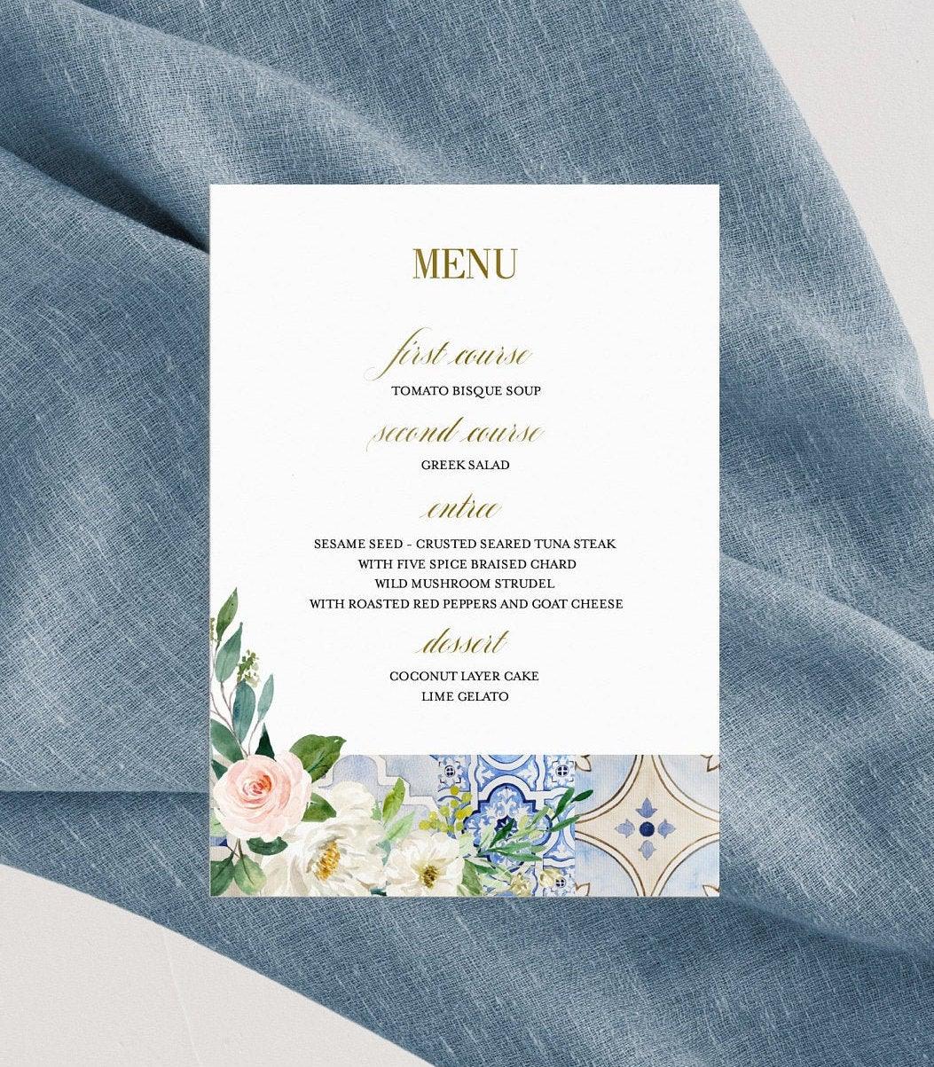 Mediterranean Wedding Menu Template, Greek Accent Wedding Dinner Menu, Blue Tiles Wedding Menu, Gold Foil, Printable Wedding - JUDY - SAVVY PAPER CO