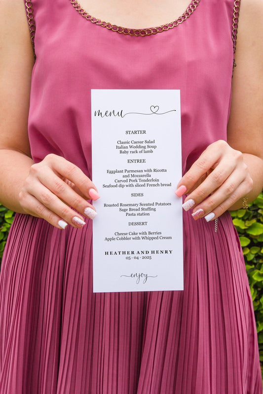 Minimal Wedding Menu Printable Template, Editable Instant Download, Menu Cards, DIY Dinner Menu Heart - Heather - SAVVY PAPER CO
