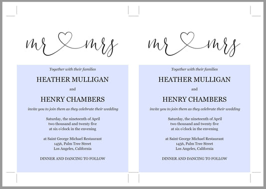 Mr and Mrs Wedding Invitation Template, Editable Wedding Invitation Template, Printable, Calligraphy, Instant Download, Heart - Heather - SAVVY PAPER CO