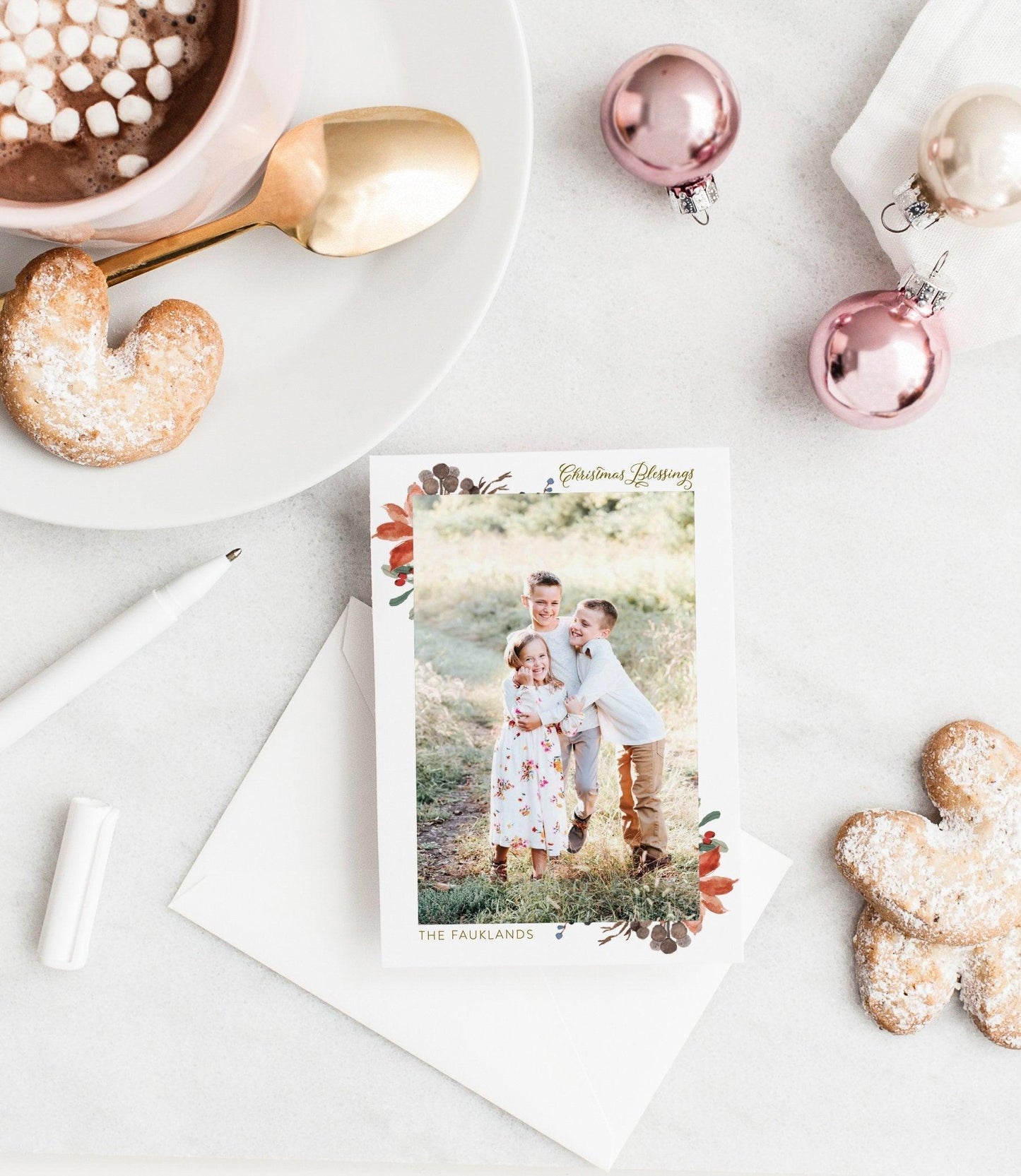 Photo Christmas Card Template, Christmas Snowflakes Card Template, Holiday Card Template - SELENA - SAVVY PAPER CO