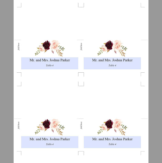 Place Cards Wedding, Table Place Cards, Place Card Template, Tented Place Cards,Seating Cards, Name Cards, Floral, Burgundy - Katherine - SAVVY PAPER CO