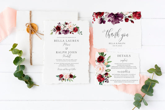 Printable Burgundy Floral Wedding Invitation Set Editable Template, DIY Instant Download Invites, Invitation Suite, 100% Editable-Bella - SAVVY PAPER CO