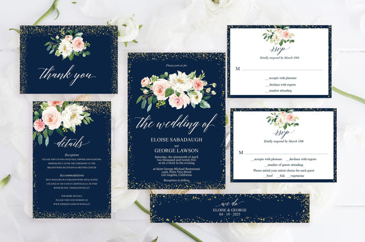 Printable Floral Navy Blue Wedding Invitation Set Editable Template, DIY Instant Download Invites, Invitation Suite PDF - Eloise - SAVVY PAPER CO