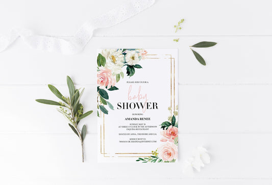 Printable Geometric Baby Shower Invitation Template,Floral, Greenery, Baby Shower invite, Invitation, Blush Baby Shower Invites, Gold - EV23 - SAVVY PAPER CO