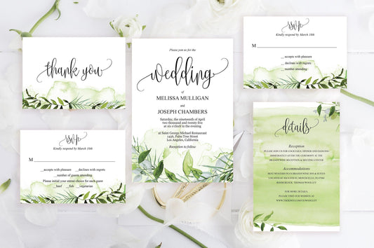 Printable Greenery Rustic Wedding Invitation Set Editable Template, DIY Instant Download Invites, Invitation Suite- Melissa - SAVVY PAPER CO