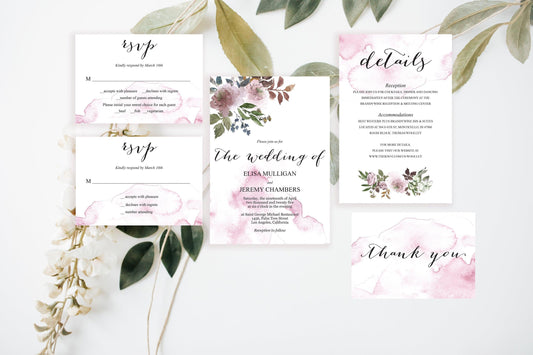 Printable Pink Floral Wedding Invitation Set Editable Template, DIY Instant Download Invites, Invitation Suite- Elisa - SAVVY PAPER CO