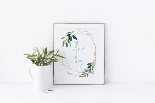 Printable it's a boy sign, Instant Download, Boy Baby Shower, Gender Reveal Party, Greenery, Gold, Baby Shower Decor - EV23 - SAVVY PAPER CO