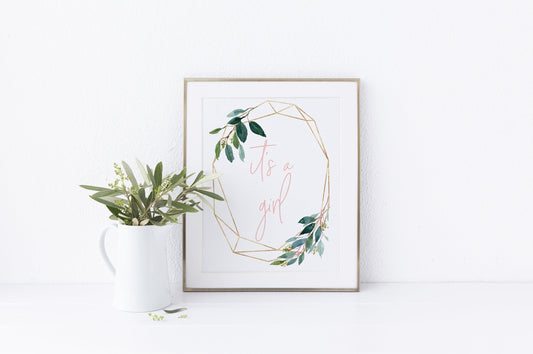 Printable it's a girl sign, Instant Download, Girl Baby Shower, Gender Reveal Party, Greenery, Gold, Baby Shower Decor - EV23 - SAVVY PAPER CO