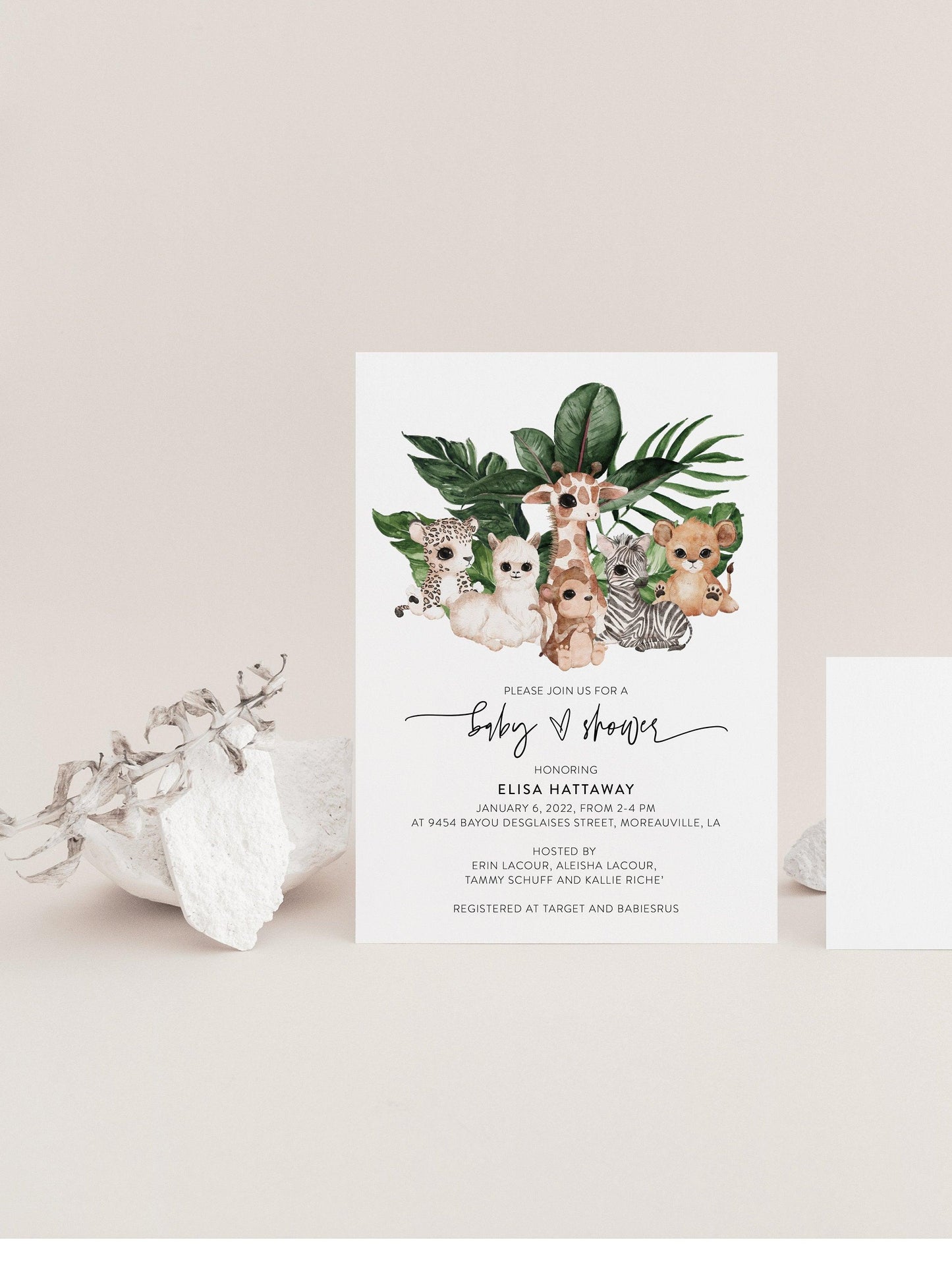 Safari Animals Baby Shower Invitation Template - Gender Neutral Baby Shower Invitations, Forest Animals, Tropical #WL - SAVVY PAPER CO