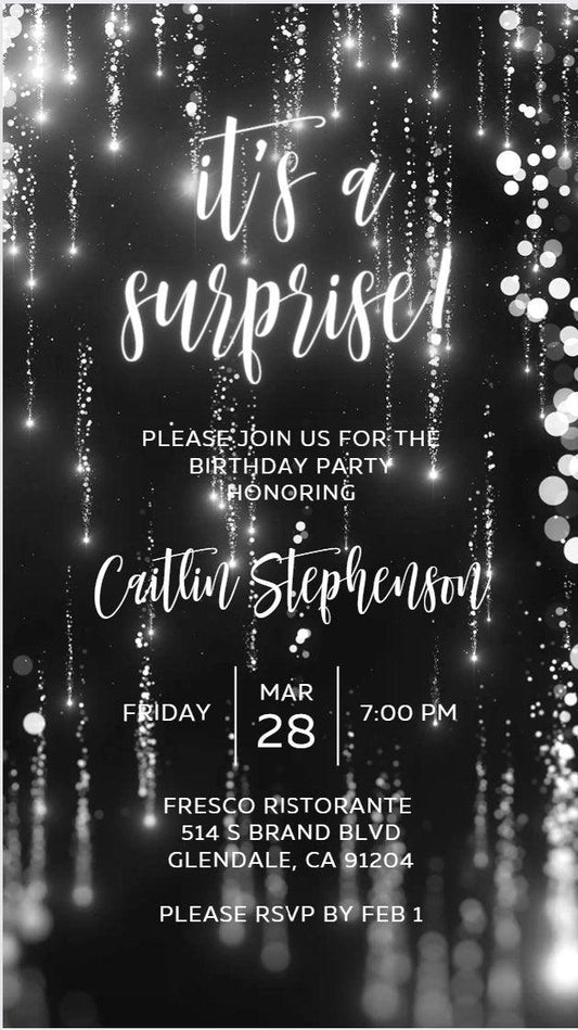 Silver Digital Surprise Birthday Invitation template women electronic invitations any age edit in Canva evite send online instant download - SAVVY PAPER CO