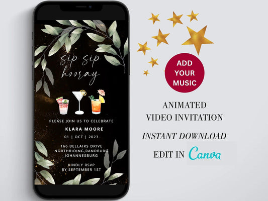 Sip sip hooray Digital Birthday Invitation template, Cocktail Electronic Birthday Evite, Edit in Canva, Any Age, Instant Download - SAVVY PAPER CO