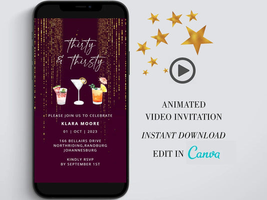 Thirty and thirsty Digital Birthday Invitation template, Cocktail Electronic Birthday Evite, Edit in Canva, Any Age, Instant Download - SAVVY PAPER CO