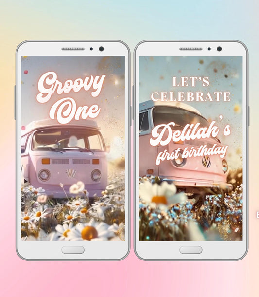 Editable Groovy One baby birthday video invitation with music, Animated Hippie Party Template, One groovy baby first birthday - SAVVY PAPER CO