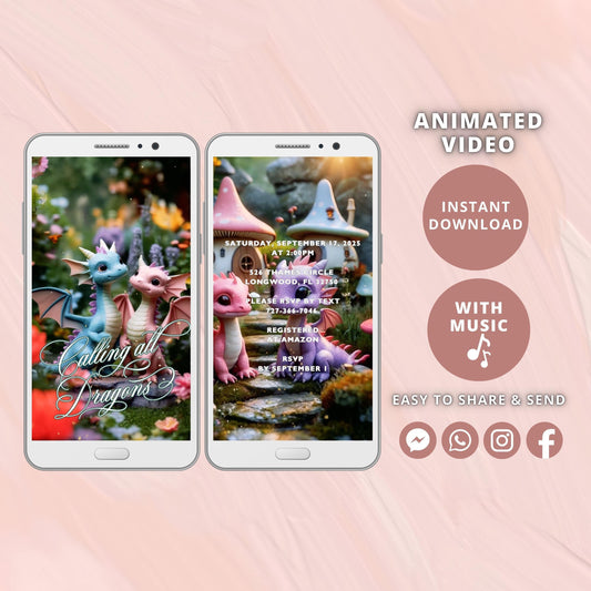 Editable Pink Fairy Dragon Birthday Invitation template, Girl Dragon Birthday Video Invitation, Magical Birthday, Digital Instant Download - SAVVY PAPER CO
