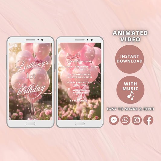 Pink Bow Birthday Video Invitation, Animated Girl Coquette Invite, Editable Party Invite, Digital Invitation Template, Instant Download - SAVVY PAPER CO