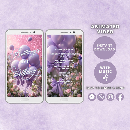 Purple Bow Birthday Video Invitation, Animated Girl Coquette Invite, Editable Party Invite, Digital Invitation Template, Instant Download - SAVVY PAPER CO