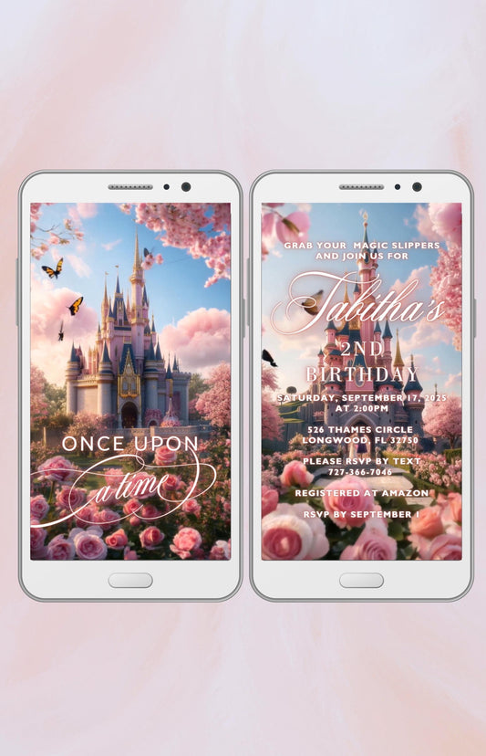 Princess Birthday Video Invitation, Princess Birthday party evite, Editable pink Castle Party Digital Invitation Template, Instant Download - SAVVY PAPER CO