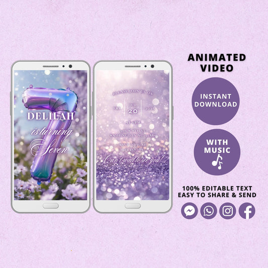 Rainbow Seventh Birthday Invitation Template, Rainbow Video Invitation for 7th Birthday Party, Purple Editable Animated Invitation - SAVVY PAPER CO