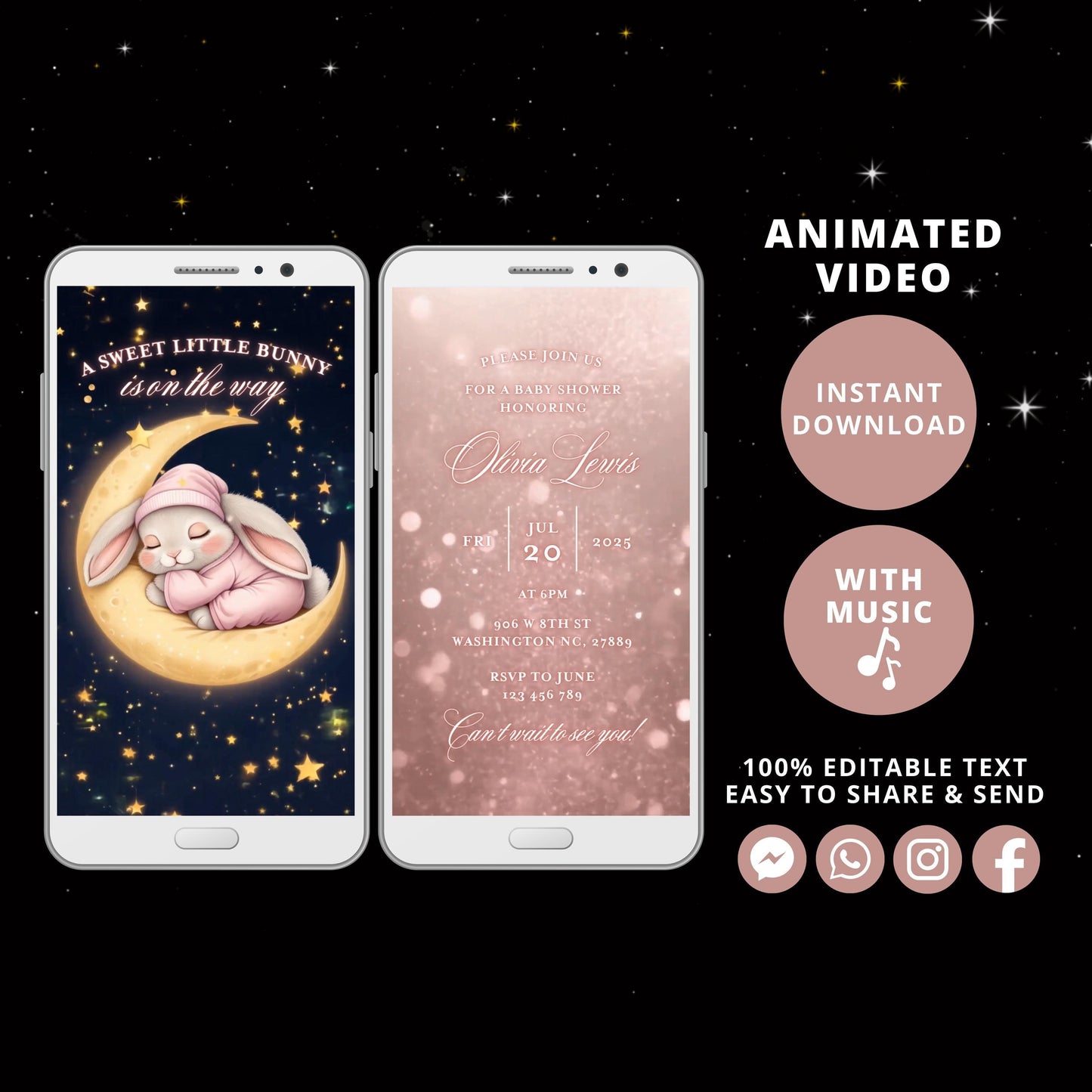 Baby Shower Electronic Invite, Sweet little Bunny is on the way Animated, Baby Shower Digital Invite, baby shower e-vite pink, Edit in Canva - SAVVY PAPER CO