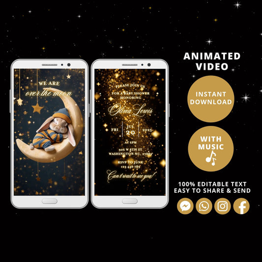 Baby Shower Electronic Invite Over the moon Video Glitter Animated, Baby Shower Digital Invite, baby shower e-vite neutral, Edit in Canva - SAVVY PAPER CO