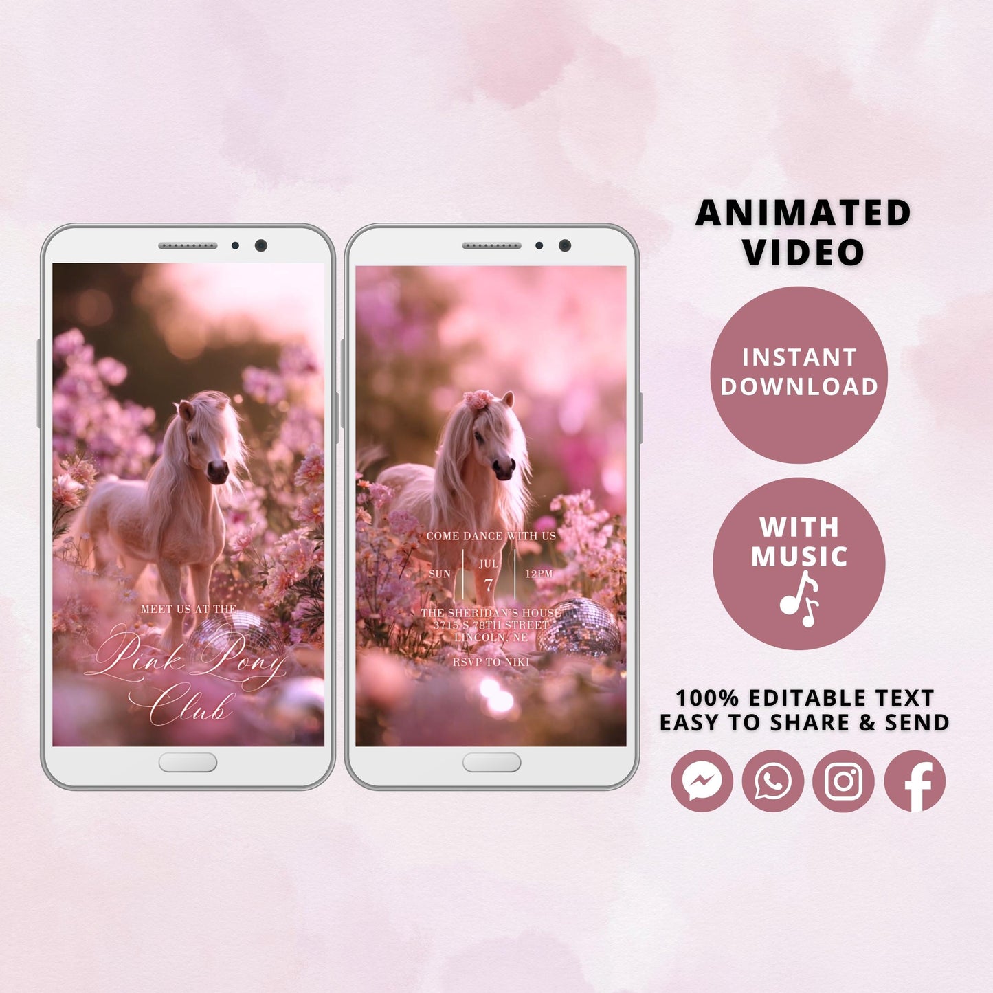 Disco Ball Pink Pony Birthday Video Invite, Girl 6th Party Canva Template, Editable Animated Evite