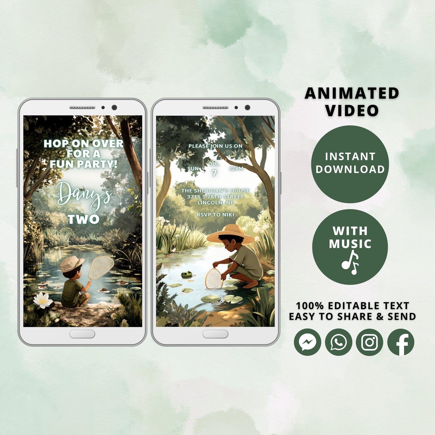 Frog Pool Party Birthday Invitation – Watercolor Summer Bash, Editable Birthday Boy Template, Animated Video