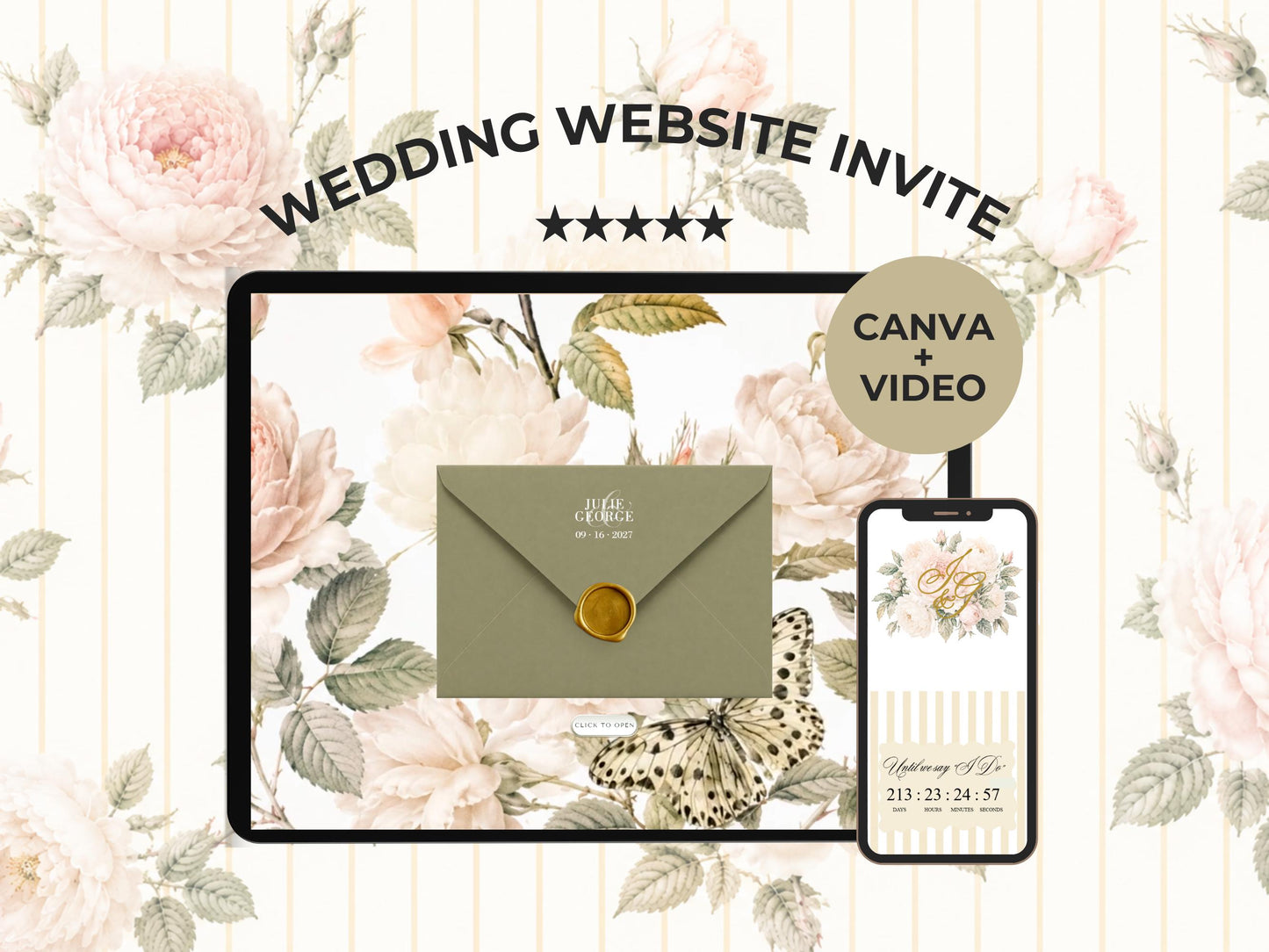 Wedding Invitation Website with Video and RSVP, Animated Digital Wedding Invite, Floral Sage Green Elegant Online Invitation