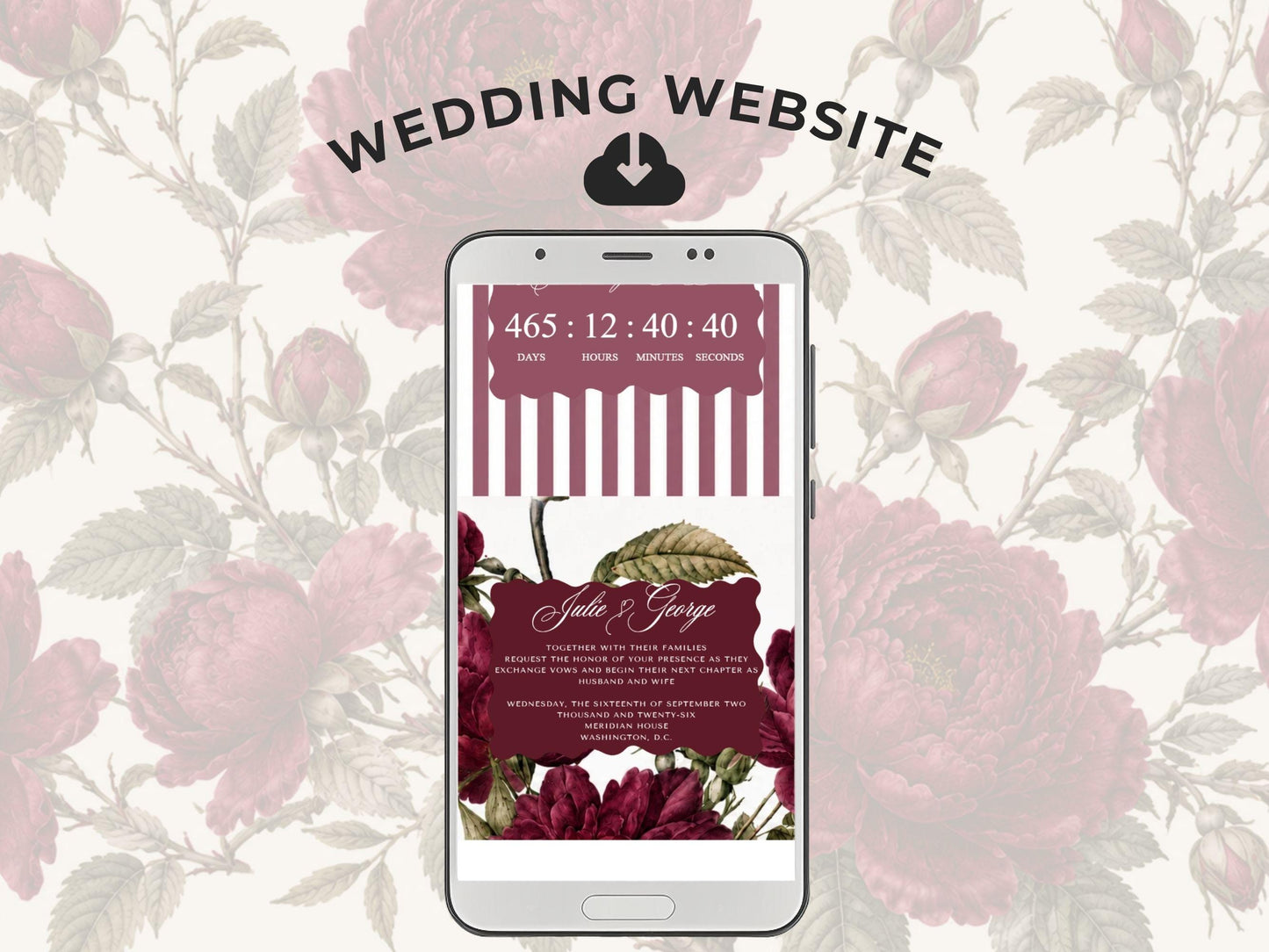 Burgundy Floral Wedding Website Template, Editable Canva Wedding Invitation Website with RSVP, Animated Video Invite