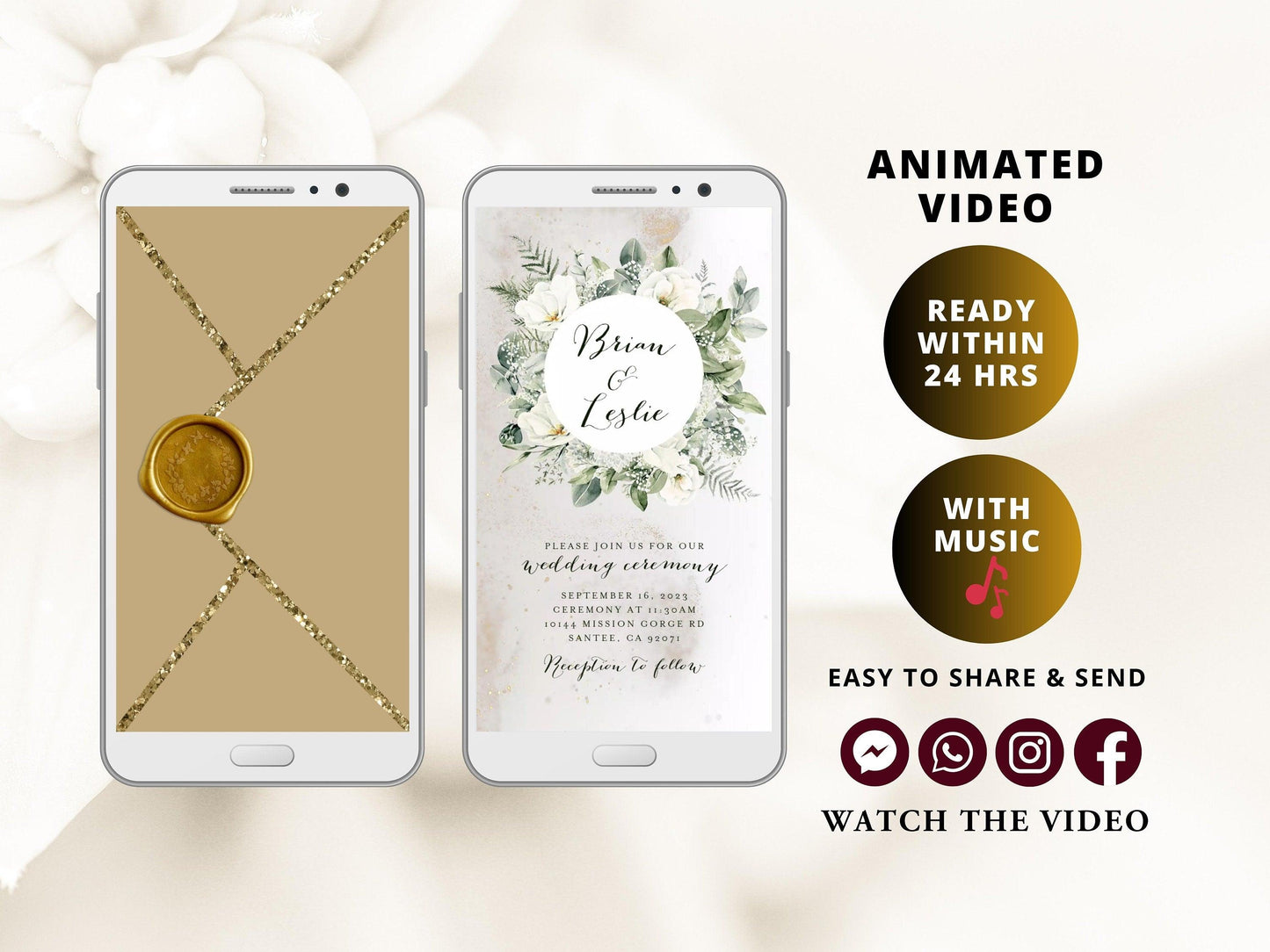 White floral frame Wedding Invitation with glitter dust particles, electronic wedding invite with opening gold envelope and digital stamp - SAVVY PAPER CO