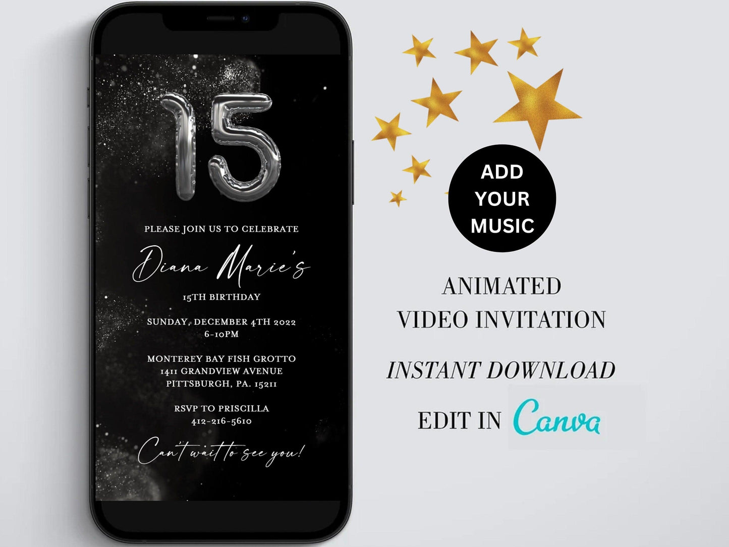 Electronic 15th Birthday Invitation Template, Digital Birthday Invite, Silver Glitter, Instant Download Balloons Birthday Evite - SAVVY PAPER CO