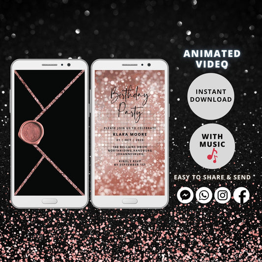 Electronic Birthday Invitation Template, Digital Birthday Invite, Any Age, Rose Gold Glitter, Instant Download Birthday Evite - SAVVY PAPER CO