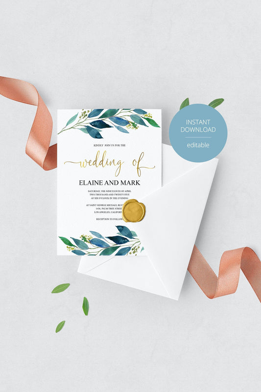 Elaine dusty blue 5 by 7 inch wedding invitation template preview