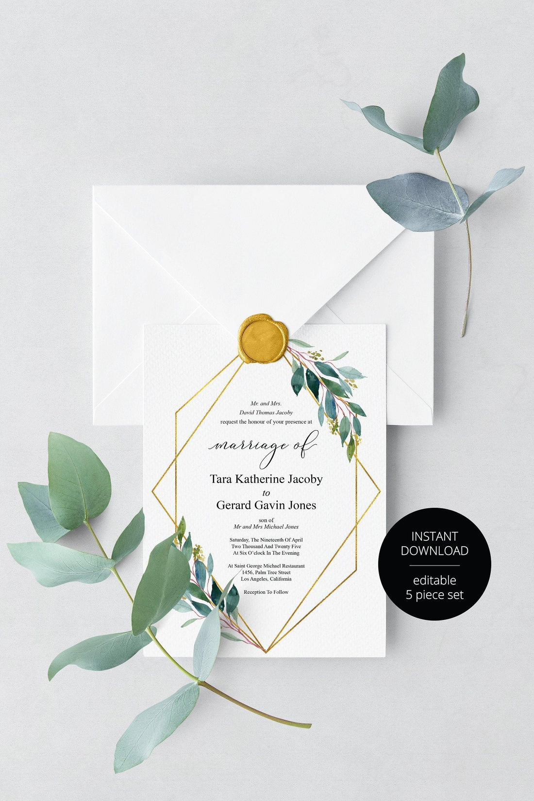 Marifête Tara greenery printable wedding invitation suite preview