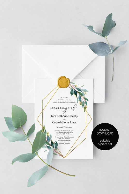 Marifête Tara greenery printable wedding invitation suite preview