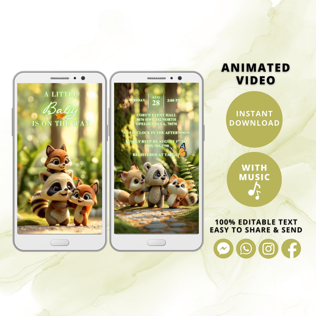Marifête woodland forest baby shower animated invitation preview