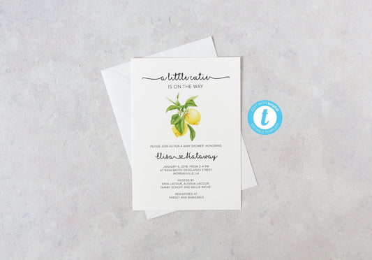 A little cutie is on the way Invitation Template, Printable Baby Shower invite, Gender Neutral, Invitation, Baby Shower Lemon - Ariel - SAVVY PAPER CO