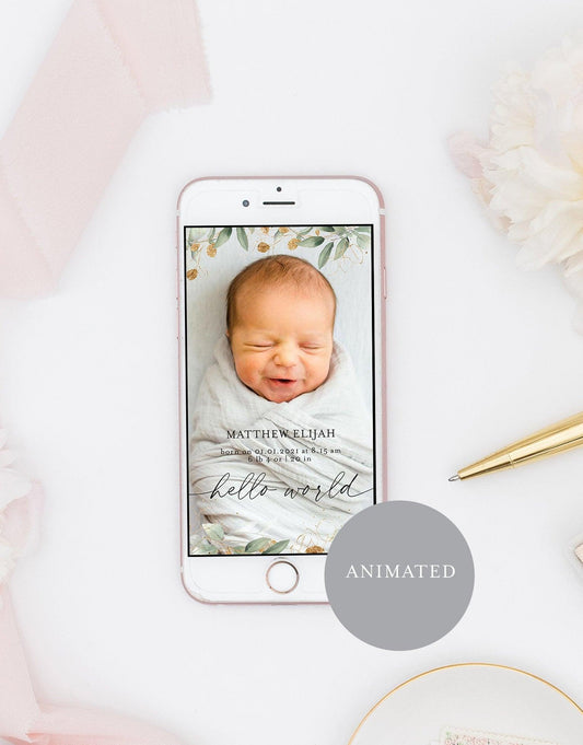 Animated Birth Announcement Baby, Greenery Newborn Announcement, Video Mp4 Newborn Announcement, Instagram Story - SAVVY PAPER CO
