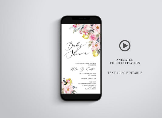Animated Bridal Shower Invitation, Bridal Shower Invite, Video Mp4, Lemon, Pink Floral - SAVVY PAPER CO