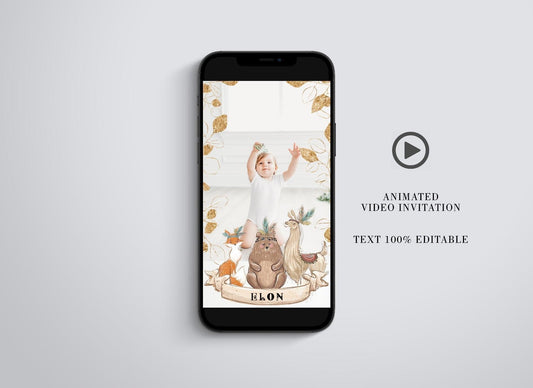 Animated First Birthday Boy Invitation, Greenery and Gold 1st Birthday Invite, Video Mp4, Instagram Story - SAVVY PAPER CO