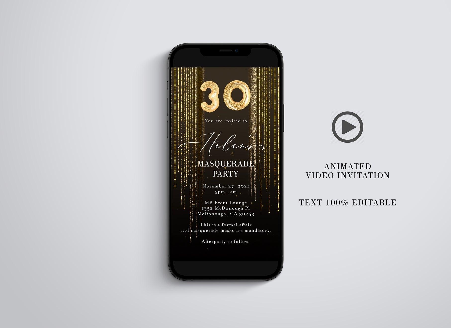 Animated Glitter Birthday Invitation, Video bday Invite, Gold Glitter Curtain, E-invitation - SAVVY PAPER CO