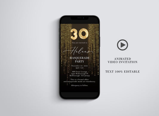 Animated Glitter Birthday Invitation, Video bday Invite, Gold Glitter Curtain, E-invitation - SAVVY PAPER CO