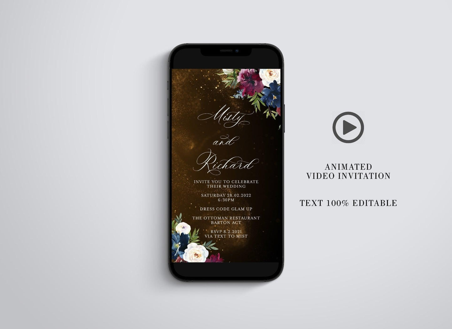 Animated Glitter Wedding Invitation, Floral Video Wedding Invite, Gold Wedding Glitter Curtain - SAVVY PAPER CO