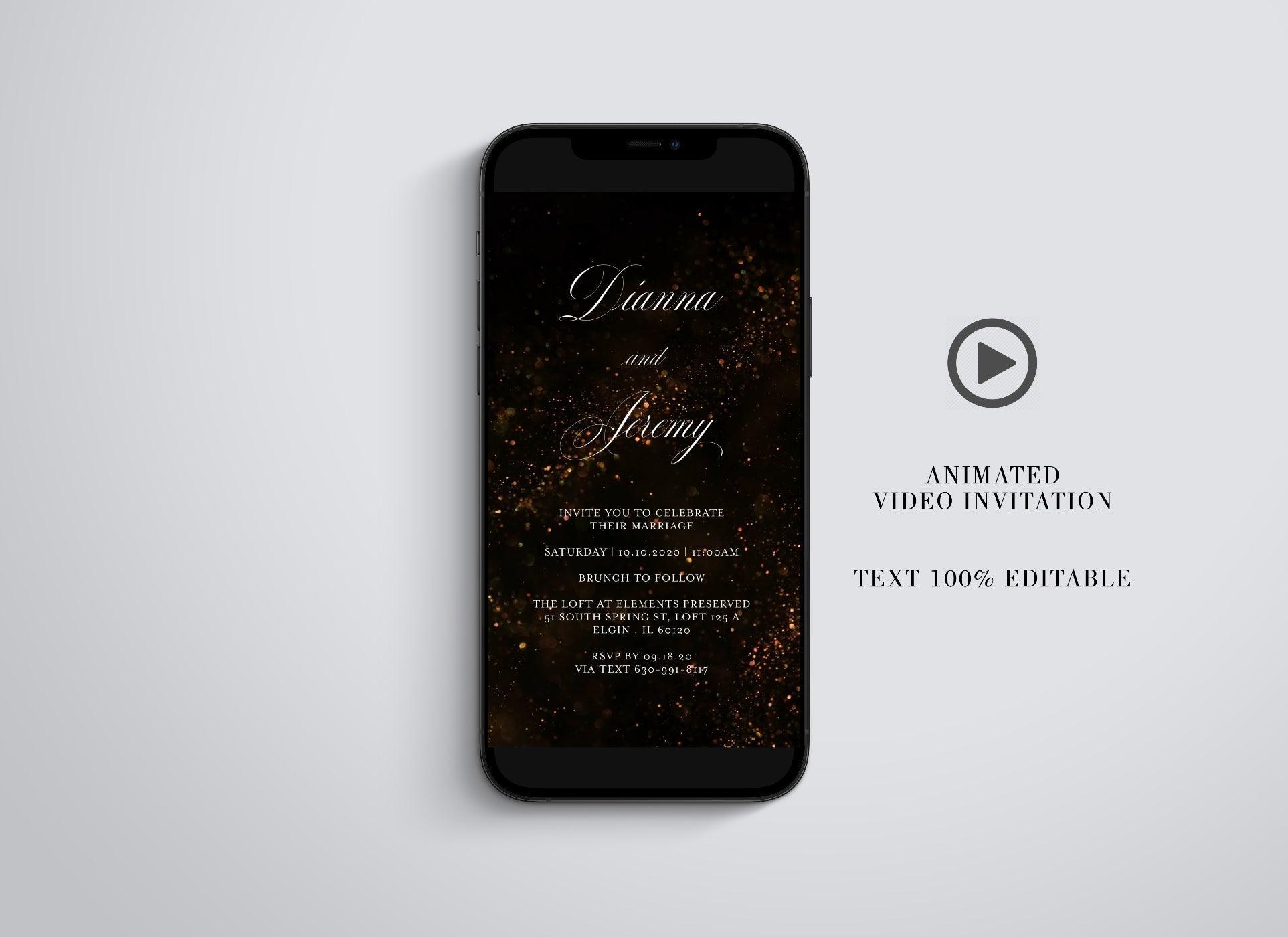 Animated Glitter Wedding Invitation, Video Wedding Invite, Gold Wedding Bokeh - SAVVY PAPER CO