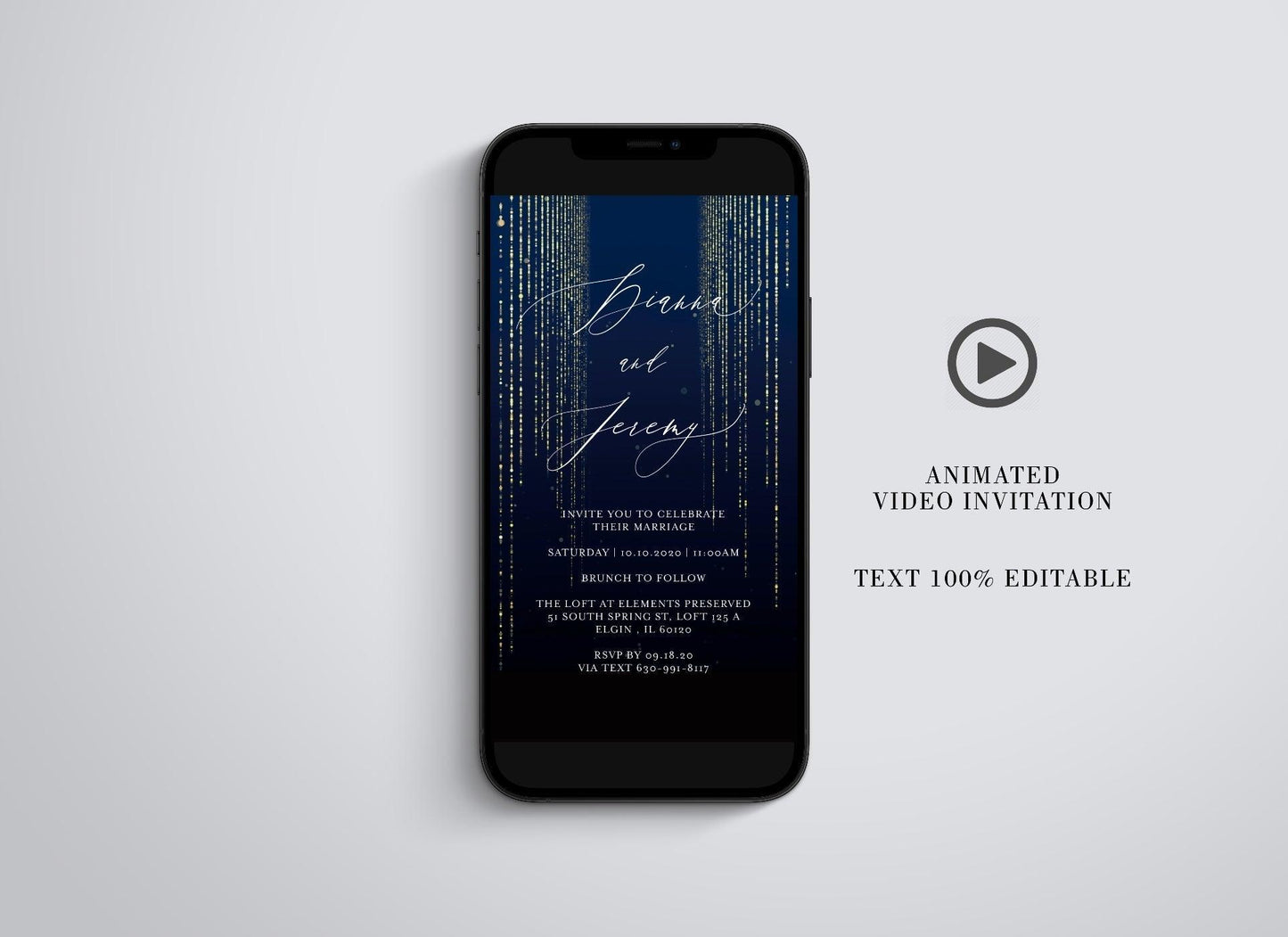 Animated Glitter Wedding Invitation, Video Wedding Invite, Gold Wedding Glitter Curtain Navy - SAVVY PAPER CO