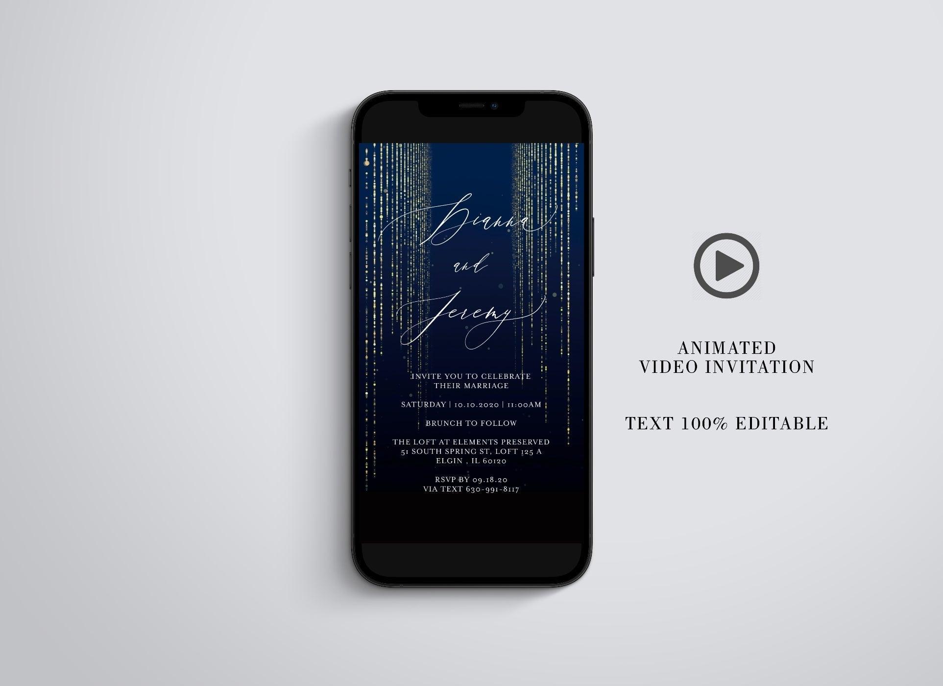 Animated Glitter Wedding Invitation, Video Wedding Invite, Gold Wedding Glitter Curtain Navy - SAVVY PAPER CO