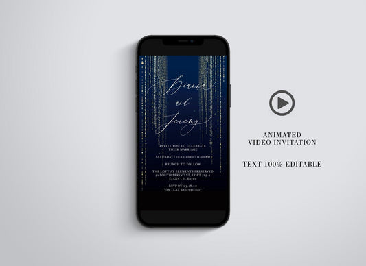 Animated Glitter Wedding Invitation, Video Wedding Invite, Gold Wedding Glitter Curtain Navy - SAVVY PAPER CO